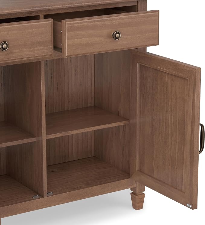 SIMPLIHOME Connaught 40" Solid Wood Cabinet in Medium Saddle Brown | Traditional slim entryway and living room organizer for hats, gloves, shoes and keys with space-saving storage design.
