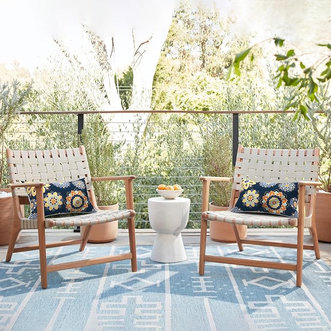 LVTXIII 2 Pack Outdoor Lumbar Pillow Covers 12x20 Inch with Piping, Water-Repellent Back Cushion Covers ONLY for Patio Furniture, Sofa, Garden Bench, Bloom Cobalt