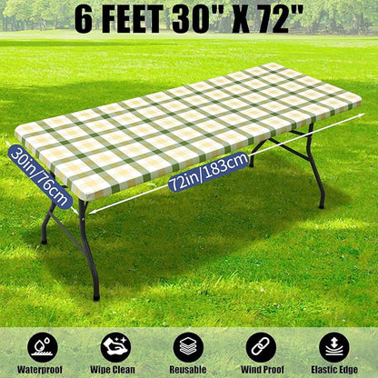 Smiry Picnic Table Cloth 2 Pack, Waterproof Elastic Fitted Tablecloths for 6FT Rectangle Tables, Washable Polyester Buffalo Plaid Tablecloth for Easter & Outdoor (Sage Green & Beige, 30" x 72")
