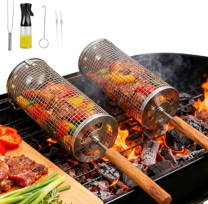Rolling Grill Basket,7-Piece BBQ Set,Stainless Steel Grilling Basket with Lid and Removable Wooden Handle, BBQ Grill Accessories for Vegetables, Shrimp, Meat ,Outdoor Cooking Perfect Gifts for Men Dad Husband