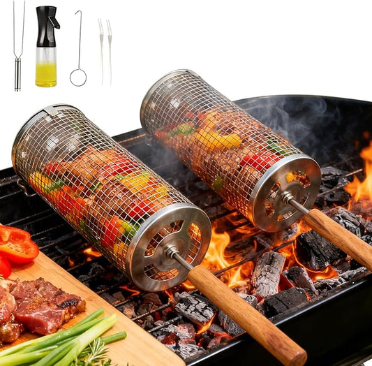 Rolling Grill Basket,7-Piece BBQ Set,Stainless Steel Grilling Basket with Lid and Removable Wooden Handle, BBQ Grill Accessories for Vegetables, Shrimp, Meat ,Outdoor Cooking Perfect Gifts for Men Dad Husband