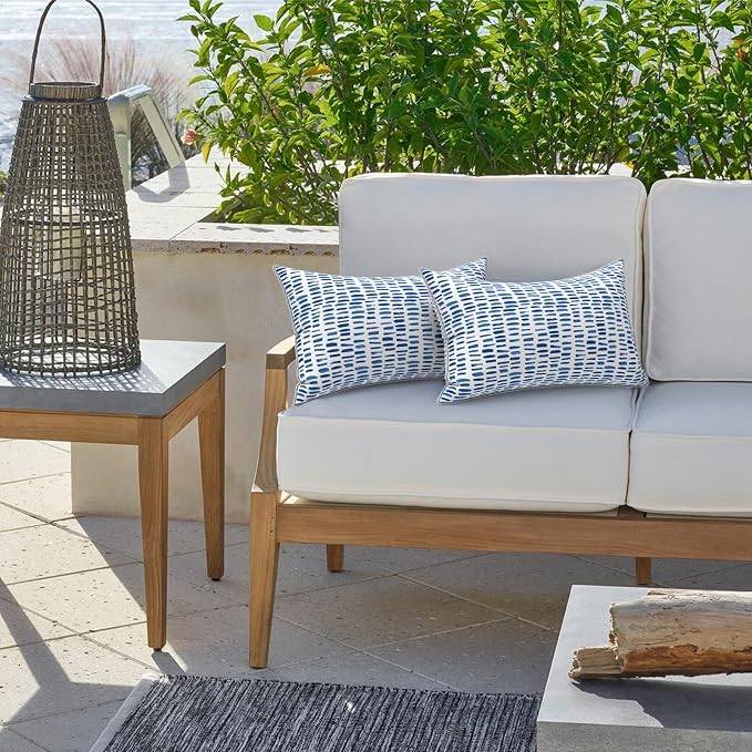 LVTXIII 2 Pack Outdoor Lumbar Pillow Covers 12x20 Inch with Piping, Water-Repellent Back Cushion Covers ONLY for Patio Furniture, Sofa, Garden Bench, A Pebble Blue