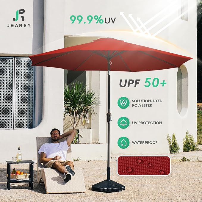 JEAREY 9FT Outdoor Patio Umbrella, Market Umbrella, Burgundy | Outdoor Table Umbrellas with 8 Sturdy， Tilt & Crank UV Protection Waterproof for Garden, Deck, Backyard, Pool