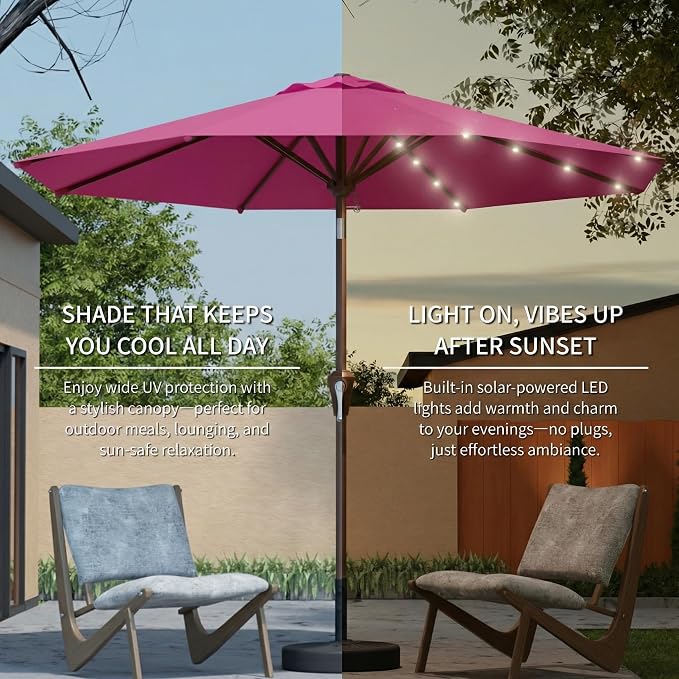 10FT Solar Umbrella 32 LED Lighted Patio Umbrella Table Market Umbrella w/Tilt and Crank, UV-Resistant Outdoor Umbrella for Pool, Garden, Deck, Rose Pink