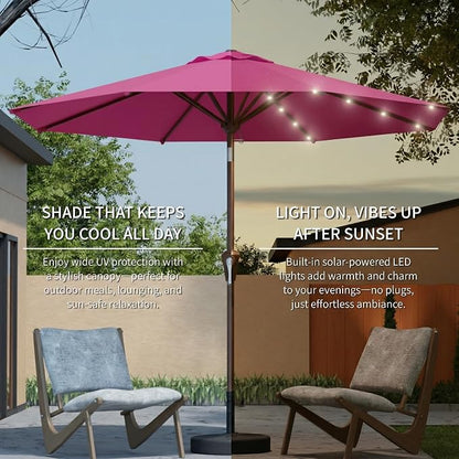 10FT Solar Umbrella 32 LED Lighted Patio Umbrella Table Market Umbrella w/Tilt and Crank, UV-Resistant Outdoor Umbrella for Pool, Garden, Deck, Rose Pink
