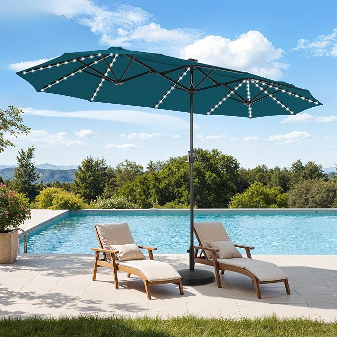 HERA'S PALACE 13 ft Patio Umbrella with 120 LED Solar Lights Double Sided Outdoor Umbrella for Patio 8 Colors Changing Table Umbrella for Garden Pool, Cerulean