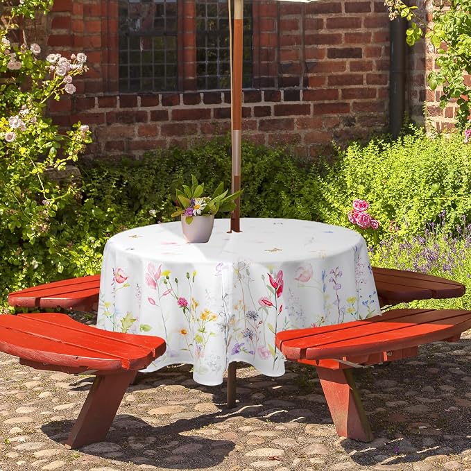Round Outdoor Tablecloth with Umbrella Hole Umbrella Tablecloth Patio Tablecloths with Zipper for Courtyards, Terraces, and Beaches 60 in