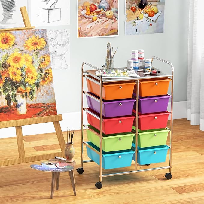 HOMGX Rolling Cart with 10 Drawers, 10 Tiers Multicolor Trolley, Drawer Bin Carts with 2 Lockable Wheels, Adjustable File & Debris Organizer Cart, Rolling Storage Cart for Office, School, Home