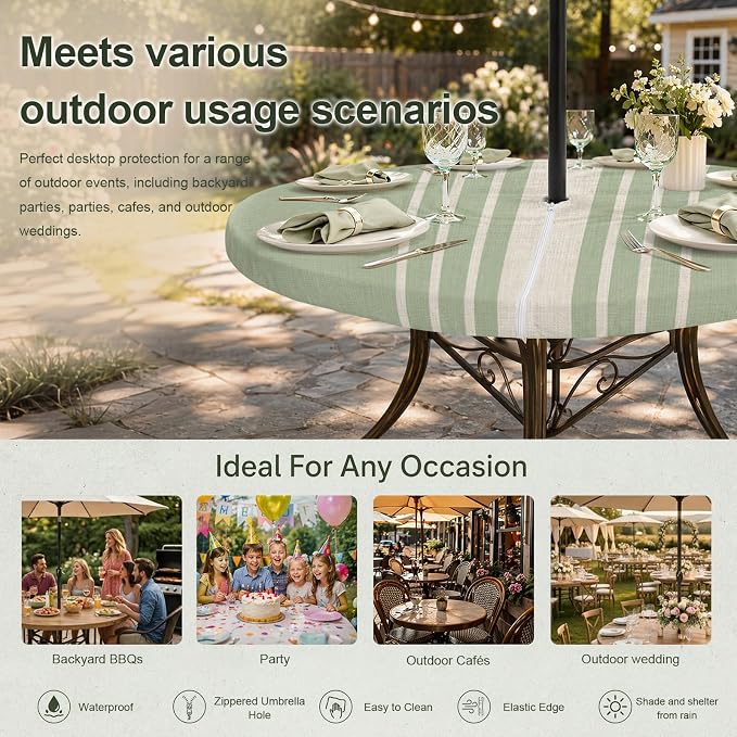 Outdoor Fitted Tablecloth with Umbrella Hole and Zipper, Sage Green Beige Striped Elastic Round Patio Table Cover, Farmhouse Retro Lines Modern Table Protector for Backyard BBQ Party 31''-35''