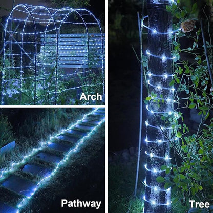 YEGUO Solar Rope Lights Outdoor Waterproof, 66ft 200 LED White String Lights, 8 Modes Fairy Lights in Clear Thin Tube