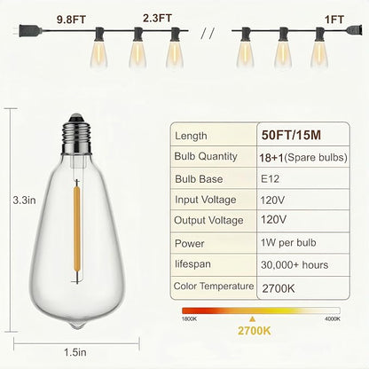 Outdoor String Lights, Waterproof Shatterproof ST38 Vintage Bulbs | 50FT Length, Dimmable & Connectable, 2700K Warm White, ideal for Balcony, Porch, Party, Patio & Indoor Decoration