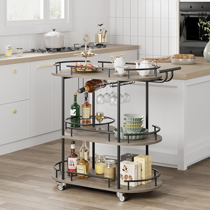 GarveeHome 3-Tier Bar Cart on Wheels, Mobile Serving Cart with Wine Rack and Glass Holder, Metal Kitchen Utility Cart for Coffee Station, Mini Home Bar, Dining Room - Black+Grey