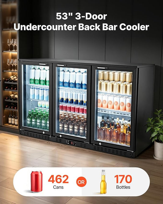 VEVOR Back Bar Cooler, 11.4 Cu.Ft Commercial Beverage Refrigerator with 3 Glass Door, Large Under Counter Fridge w/LED Lighting, Shelf, Low-E Glass Display Cooler for Store, Lobby, Restaurant, Pub