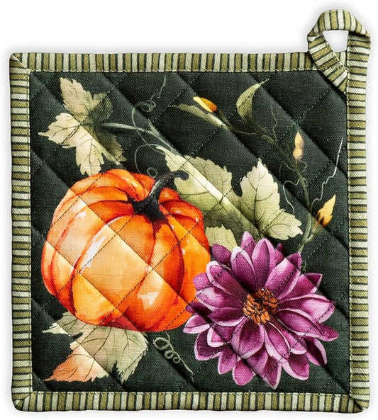Maison d' Hermine Pot Holders 100% Cotton Potholders (8" x 8", Pack of 1) | Heat Resistant Hot Pads with Loop BBQ Cooking Kitchen Handling Hot Pans Thanksgiving Christmas - Pumpkin Garden - Dark Green