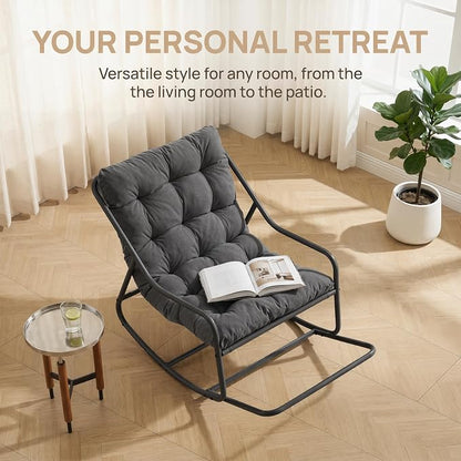 Outdoor Rocking Chairs, Metal Frame Outdoor Rocker with Footrest, Comfy Oversized Patio Chair with Thick Cushion, Reading Glider Lounge Chair for Living Room, Bedroom, Garden, Relax, Gray
