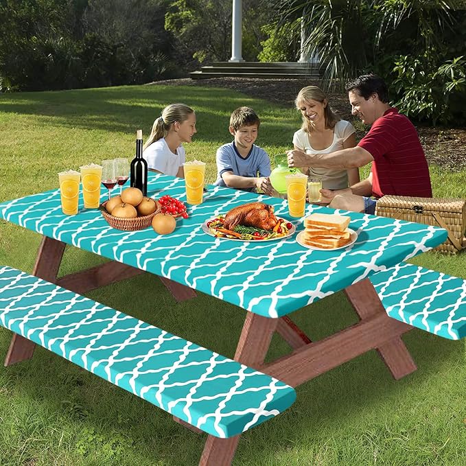 OutdoorLines Vinyl Fitted Picnic Table Cover with Bench Covers | Elastic Waterproof Camping Tablecloth for Picnic Table (Moroccon Teal 96x30 Inch, 3 Pcs)