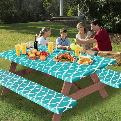 OutdoorLines Vinyl Fitted Picnic Table Cover with Bench Covers | Elastic Waterproof Camping Tablecloth for Picnic Table (Moroccon Teal 96x30 Inch, 3 Pcs)