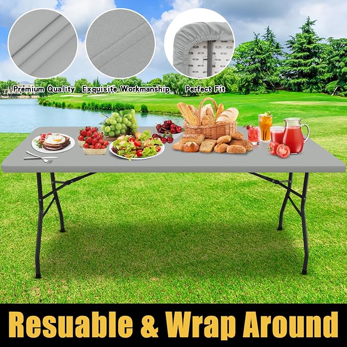 Smiry Rectangle Picnic Table Cloth, Waterproof Elastic Fitted Tablecloths for 5 Foot Tables, Washable Polyester Table Cover for Camping, Outdoor and Indoor (Light Grey, 30"x60")