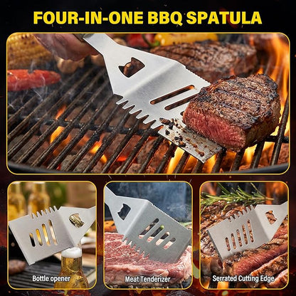 Yekale BBQ Grill Accessories Set, Grill Tools Grilling Accessories Grilling Gifts for Men - Spatula, Fork, Brush, Tongs & Cleaning Brush - Outdoor Barbecue Utensils Gifts for Men Dad Him (Sliver)