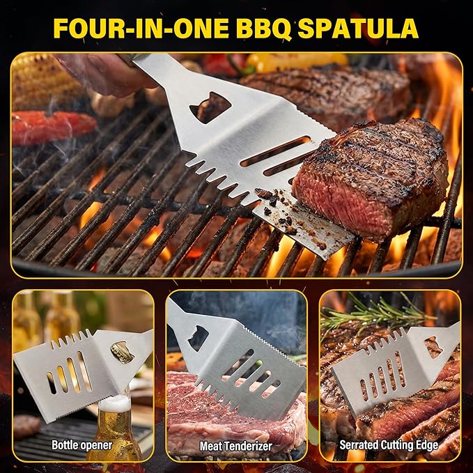 Yekale BBQ Grill Accessories Set, Grill Tools Grilling Accessories Grilling Gifts for Men - Spatula, Fork, Brush, Tongs & Cleaning Brush - Outdoor Barbecue Utensils Gifts for Men Dad Him (Black)