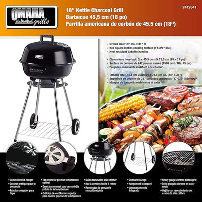 Omaha Charcoal Kettle BBQ Grill - 18” x 31” X 23” - 247 sq-in cooking surface - Cook 9+ burgers - Lid Hook - Stable 4 Leg Design - Heat Resistant Handles - Duals Vents - Ash Catcher