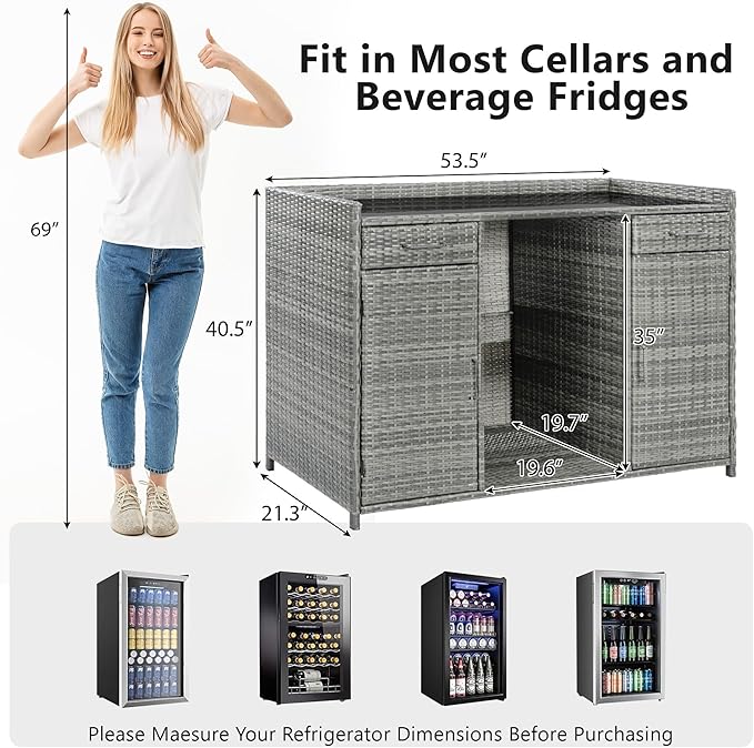 RUNNA 53.5" W Outdoor Wicker Storage Cabinet with Fridge Space,Weatherproof Outdoor Mini Fridge Bar Cabinet with Adjustable Shelves & Drawers for Pool Towel Storage,Garden,Kitchen (Grey#64)