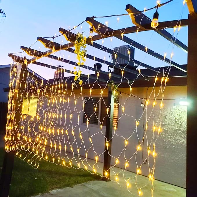QITONG Net Lights Outdoor Mesh Lights, 12ft x 5ft 360 LED Warm White Christmas Light with 8 Modes, Connectable Clear Wire Bush Light Plug in