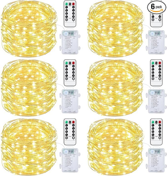 Mlambert 6 Pack 33FT Fairy Lights Battery Operated with Remote and Timer, Dimmable Waterproof 8 Modes Light for Bedroom Dorm Christmas-Warm White