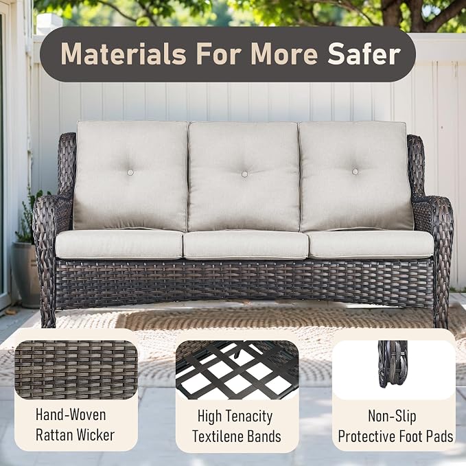 Outdoor Couch All Weather PE Wicker Patio Sofa Outdoor Sofa Deep Seating for Porch Deck Backyard-Brown/Beige