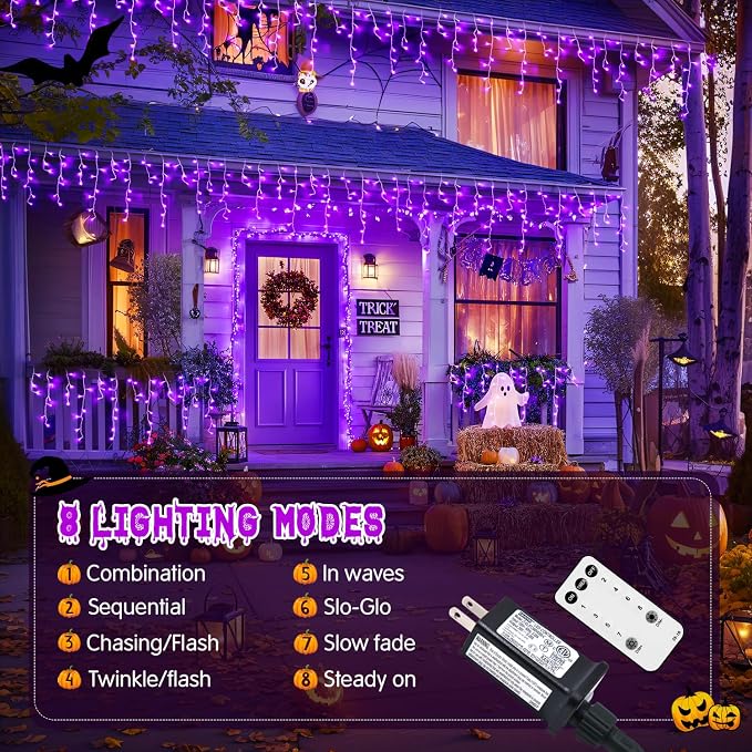 JMEXSUSS Purple Halloween Lights Outdoor, 800 LED | Icicle Lights for Outside Waterproof, 8 Modes String Lights Plug in for Fireplace Tree Garden Patio Halloween Decor