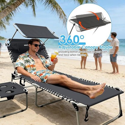Outdoor Tanning Chair with Sun Canopy Shade & Face Hole, Folding Lounge Chair with Beach Table and Carry Bag for Poolside Sunbathing Lawn