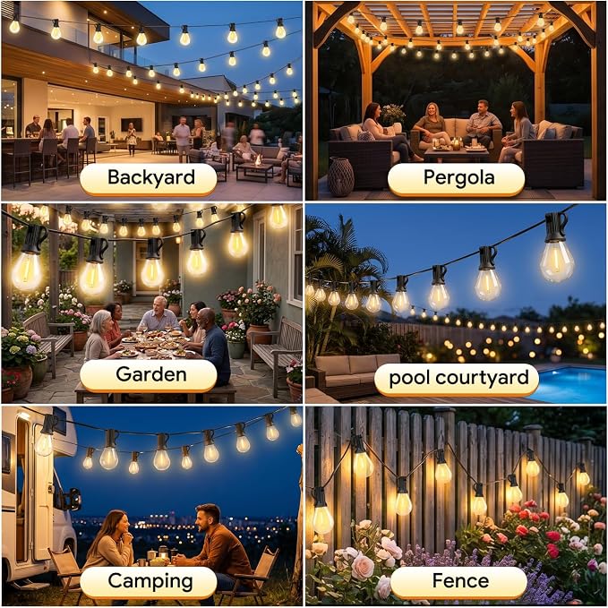 LED Outdoor String Lights 100FT Outside Waterproof Shatterproof Patio Light | Commercial Grade Dimmable Warm White Connectable Edison Bulb Hanging Light for Backyard, Porch, Balcony, Garden Decor