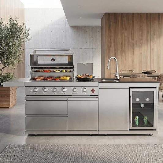 Casaphoria 84" Outdoor Kitchen Grill Island with Refrigerator and Sink, Professional Stainless Steel BBQ with 6-Burner 75300 BTU Propane & Natural Gas, Granite Countertop, Rapid Setup, Silver