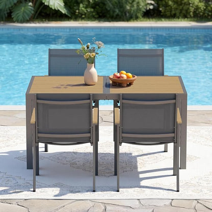 5-Pieces Aluminum Patio Table and Chairs Set, Outdoor Patio Furniture Set with Heavy Duty HDPS Rectangular Table, All-Weather Outdoor Dining Set with Quick-Drying Breathable Textilene Chairs for Porch