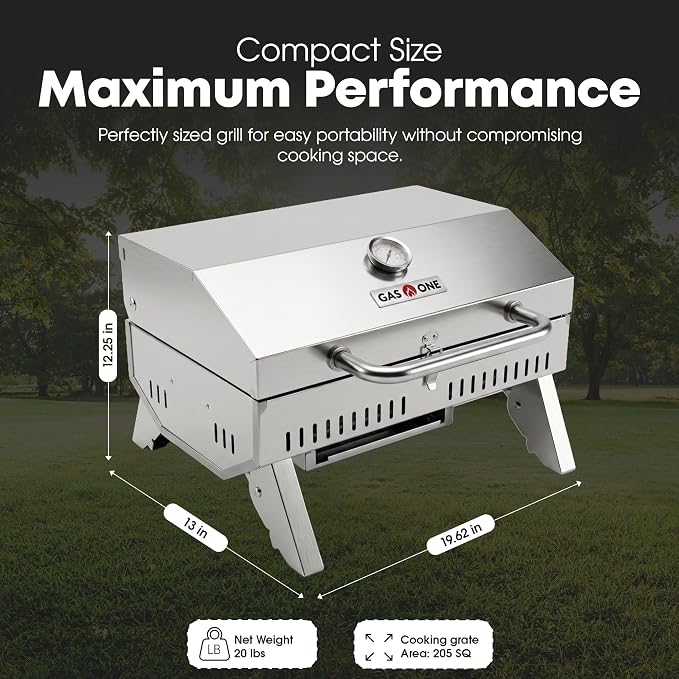 GasOne Portable Propane Grill – 18-inch Stainless Steel Tabletop Grill – Tabletop Gas Grill with Heat Control and Built-In Thermometer – Large Cooking Area – Ideal for Outdoor, Camping, Travel, RV
