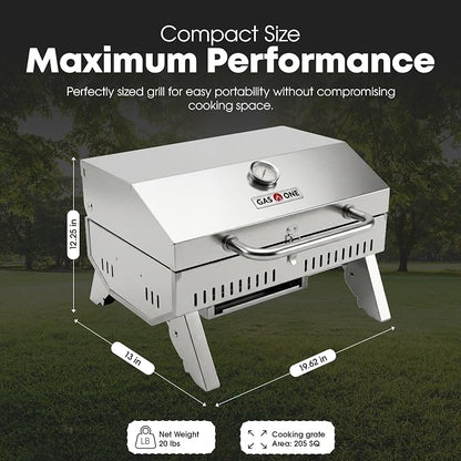 GasOne Portable Propane Grill – 18-inch Stainless Steel Tabletop Grill – Tabletop Gas Grill with Heat Control and Built-In Thermometer – Large Cooking Area – Ideal for Outdoor, Camping, Travel, RV