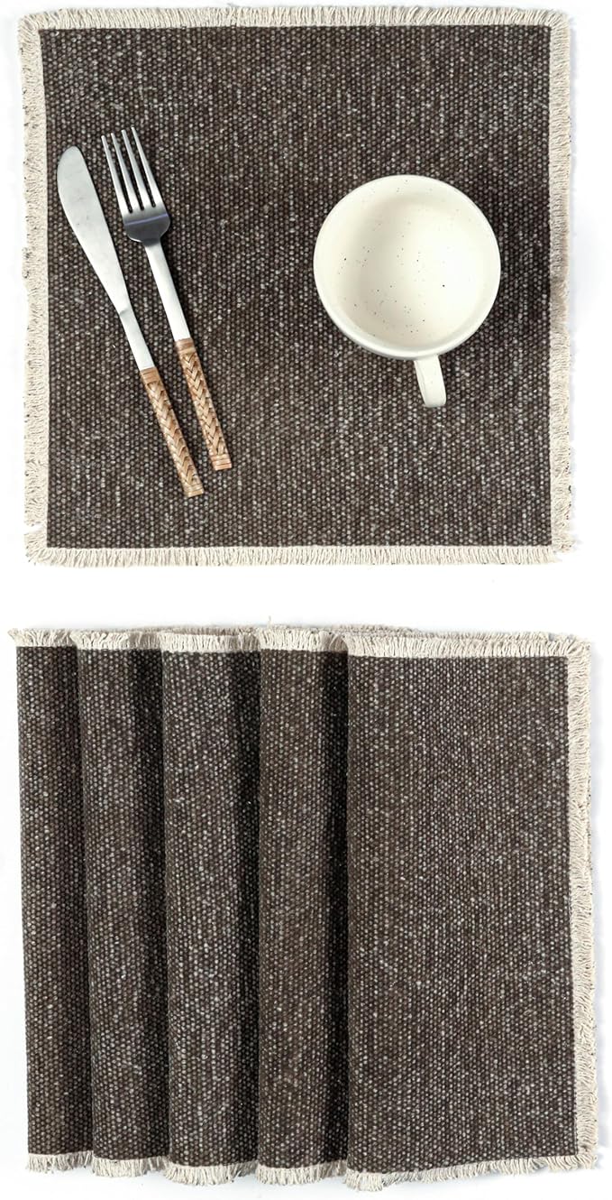 Hausattire Cotton Frayed Placemats Set of 6 Dining Table 14x14 Inch | Rustic Vintage Boho Washable Easter Placemat for Outdoor Parties BBQ's Wedding, Holiday, Special Occasions, Nubby Cotton - Brown