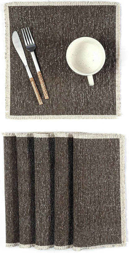 Hausattire Cotton Frayed Placemats Set of 6 Dining Table 14x14 Inch | Rustic Vintage Boho Washable Easter Placemat for Outdoor Parties BBQ's Wedding, Holiday, Special Occasions, Nubby Cotton - Brown
