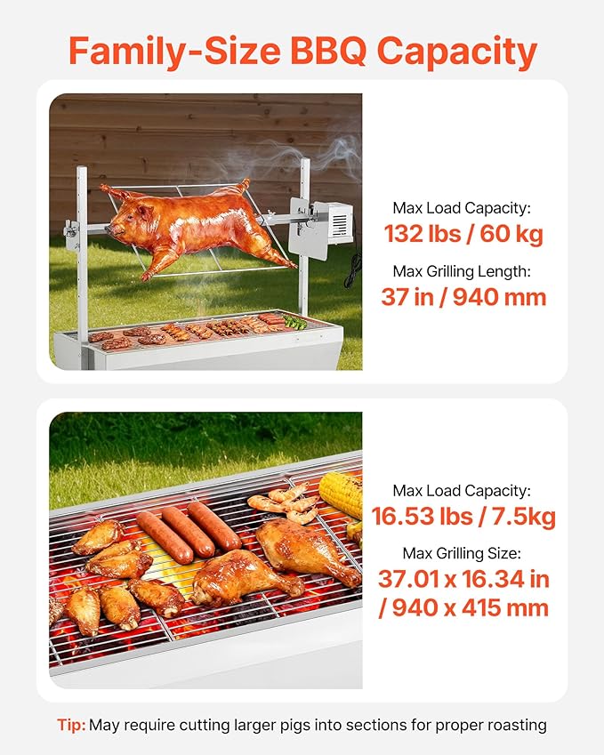 VEVOR Rotisserie Grill, 38W Stainless Steel BBQ Outdoor Pig & Lamb Spit Roaster, 132 LBS Capacity Charcoal Spit Roaster with Wheels & 7-Level Height, Electric Rotisserie Grill Kit for Camping Outdoor