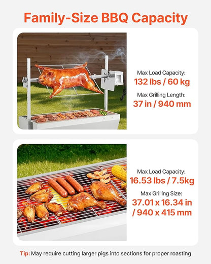VEVOR Rotisserie Grill, 38W Stainless Steel BBQ Outdoor Pig & Lamb Spit Roaster, 132 LBS Capacity Charcoal Spit Roaster with Wheels & 7-Level Height, Electric Rotisserie Grill Kit for Camping Outdoor