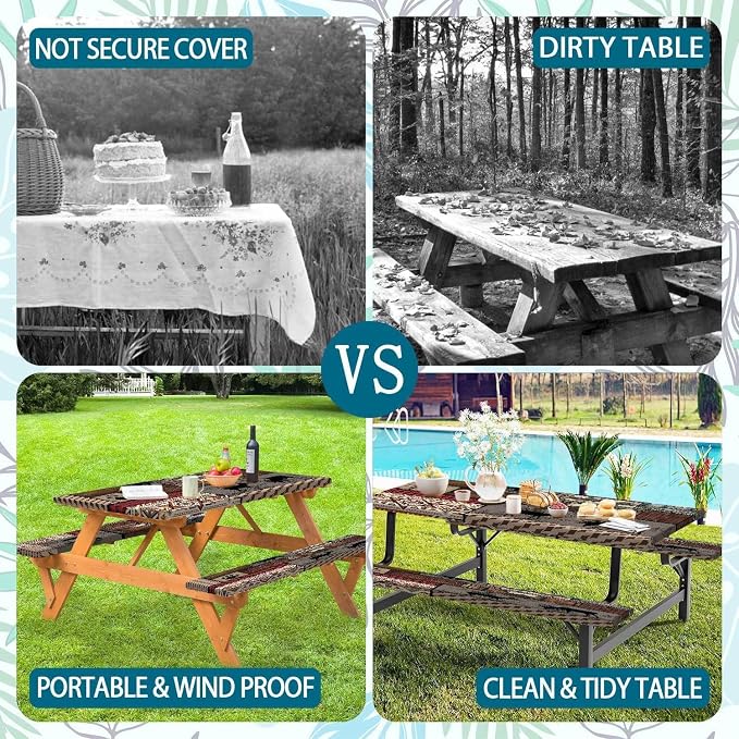 Picnic Table Cover with Bench Covers Elastic Edges, Rustic Cabin Bear Deer Print Table Cover, Waterproof Windproof Fitted, for Outdoor Camping Picnic Patio Garden , Drawstring Bag, 96 Inch 3PCS