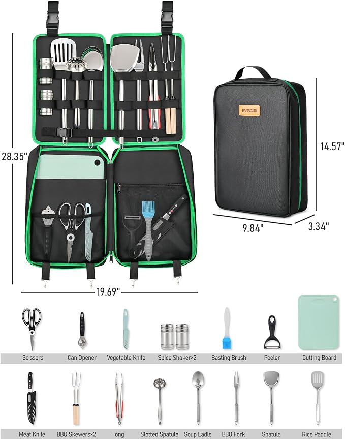 FANGSUN Camping Cooking Set, 16 PCS Portable Camping Utensil Set | Hanging Straps, Carrying Bag, Compact Storage, Outdoor Cooking Essentials, Picnicking, RV Camping & Hiking, Backpacking