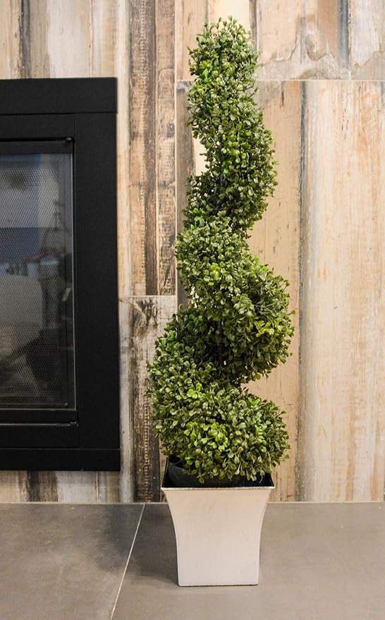 Admired By Nature 36" Artificial Boxwood Spiral Topiary Tree in Plastic Plant Pot - For Home Decor, Indoor, Outdoor, Crafts, Offices - Set of 2, Green