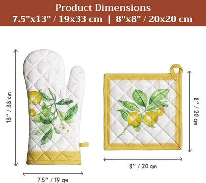 Maison d' Hermine 100% Cotton Oven Mitt & Pot Holder Set (7.5"x13" & 8"x8") | Heat Resistant BBQ Cooking Gloves with Loop Baking Grilling Kitchen Hotel Home Farmhouse Spring Summer - Limoncello