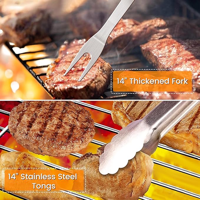 Grill Accessories Kit, Stainless Steel Grill Tool Set with 4-in-1 BBQ Spatula, Fork, Tong, Brush, Skewers, Silicone Corn Holders, Grilling Gift Set for Men and Women