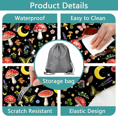 Picnic Table Cover with Bench Covers,Camping Essentials, Mushroom Floral Butterfly Waterproof Windproof Fitted Outdoor Tablecloth with Elastic Edge Rectangle Table for Indoor Outdoor, 3PCS, 30x72 Inch