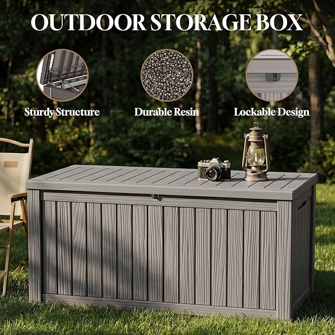 ROJIK 150 Gallon Outdoor Storage Box Waterproof,Weatherproof Deck Boxes Outdoor Lockable,Resin Outside Storage Box for Garden Tools,Cushions,Pool Accessories(Grey,150 Gal)