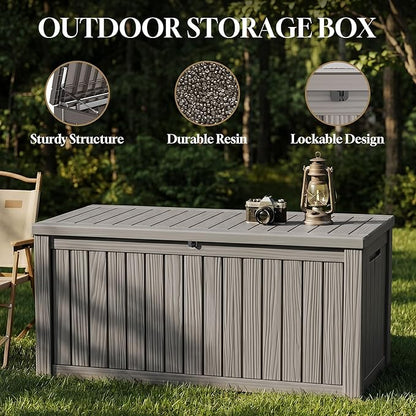 ROJIK 150 Gallon Outdoor Storage Box Waterproof,Weatherproof Deck Boxes Outdoor Lockable,Resin Outside Storage Box for Garden Tools,Cushions,Pool Accessories(Grey,150 Gal)
