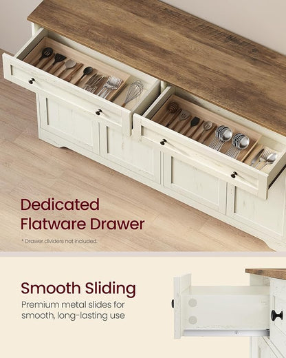 VASAGLE Siren Collection - Buffet Cabinet, Farmhouse Coffee Bar Cabinet with 2 Drawers, Adjustable Shelves, 4 Doors, Sideboard, 15.8 x 55.1 x 31.5 Inches, Rustic White and Honey Brown ULSC541WJ01S