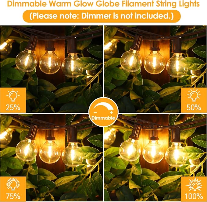 100Ft(2x50Ft) Outdoor String Lights, G40 Globe Patio Lights with 50+4 Waterproof LED Hanging Plastic Bulbs for Cafe Balcony Party-Brown Wire